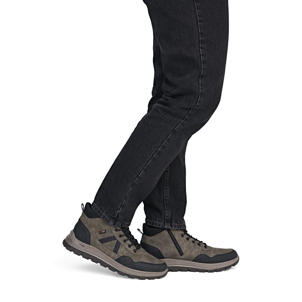 Rieker B8120-25 men's wide grey water resistant zip & lace ankle boots, on-foot lifestyle view.