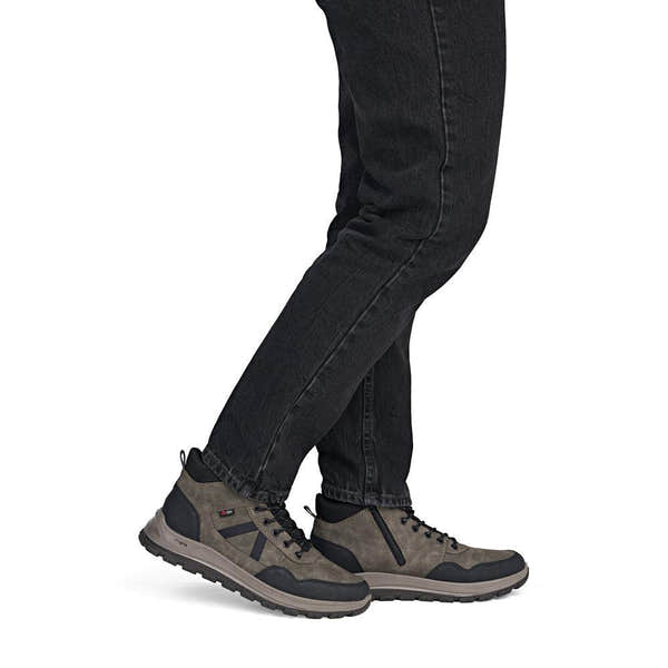 Rieker B8120-25 men's wide grey water resistant zip & lace ankle boots, on-foot lifestyle view.