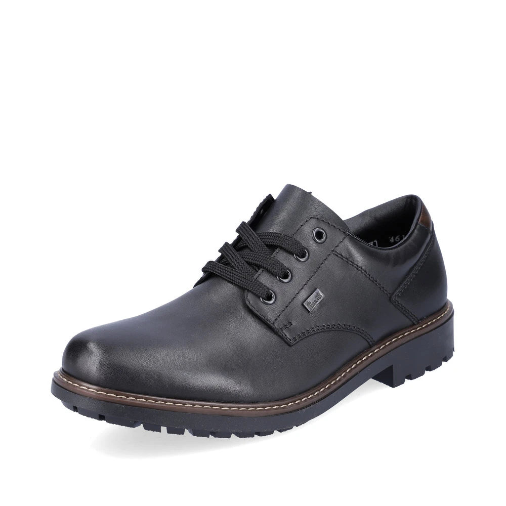 Rieker F4611-00 men's black leather water resistant lace up shoes, front three-quarter view.