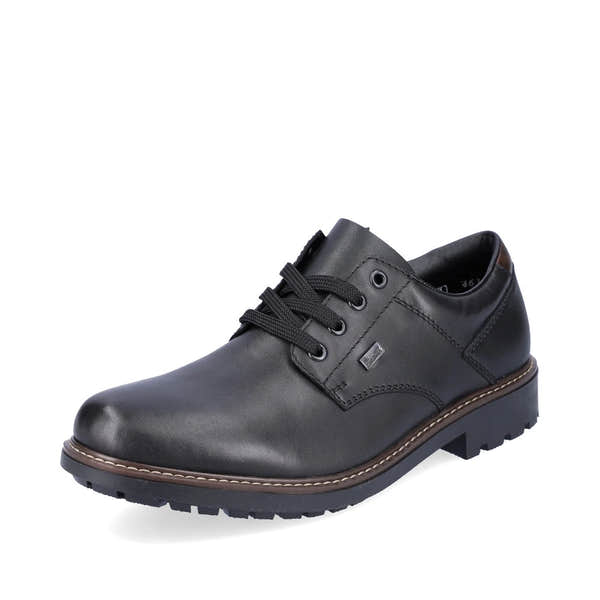 Rieker F4611-00 men's black leather water resistant lace up shoes, front three-quarter view.