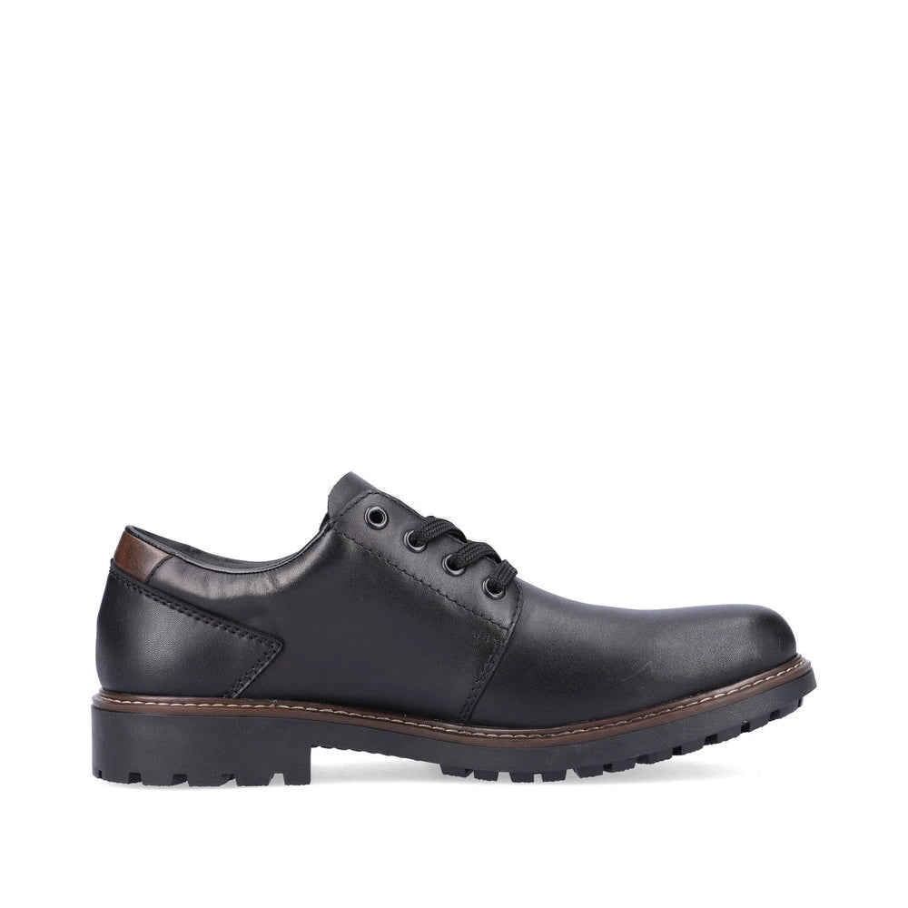 Rieker F4611-00 men's black leather water resistant lace up shoes, outer side view.