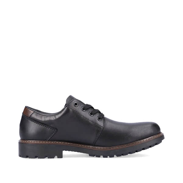 Rieker F4611-00 men's black leather water resistant lace up shoes, outer side view.