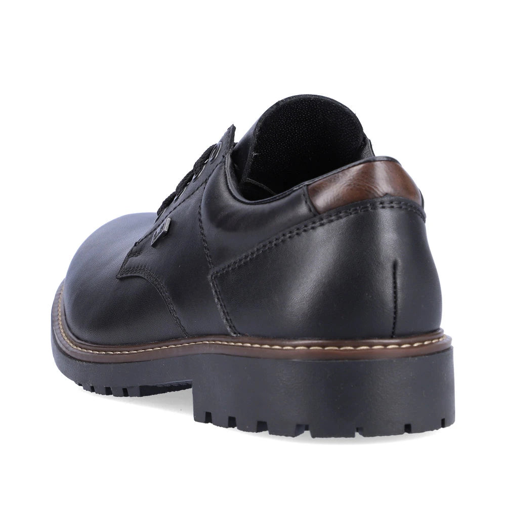 Rieker F4611-00 men's black leather water resistant lace up shoes, rear three-quarter view.