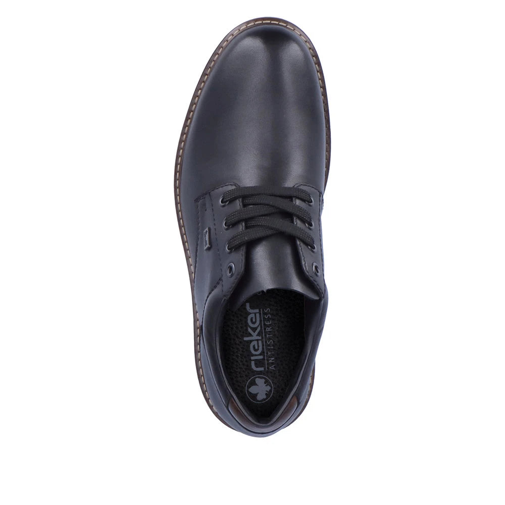 Rieker F4611-00 men's black leather water resistant lace up shoes, top view.
