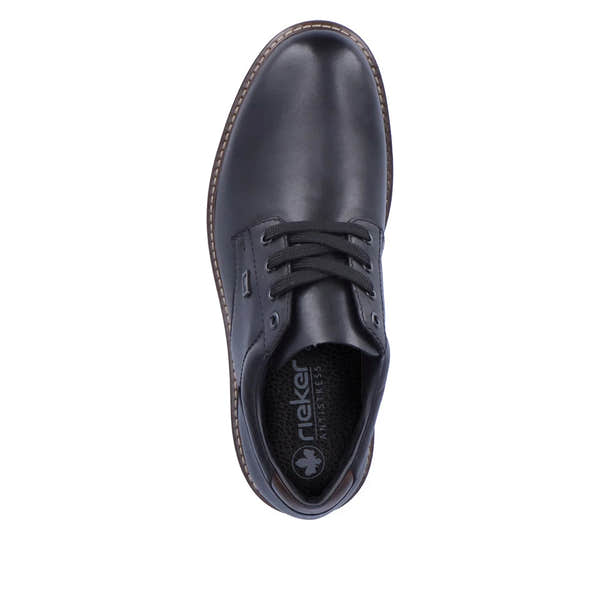 Rieker F4611-00 men's black leather water resistant lace up shoes, top view.