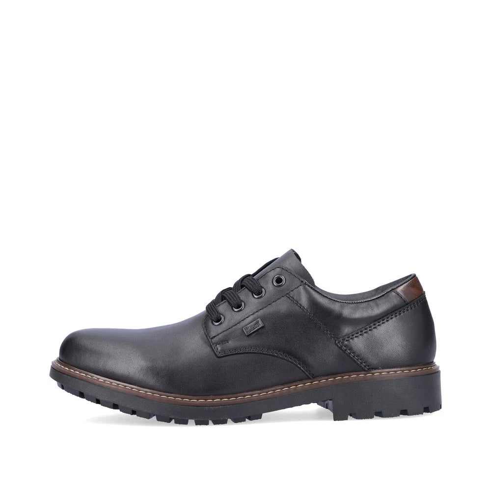 Rieker F4611-00 men's black leather water resistant lace up shoes, inner side view.