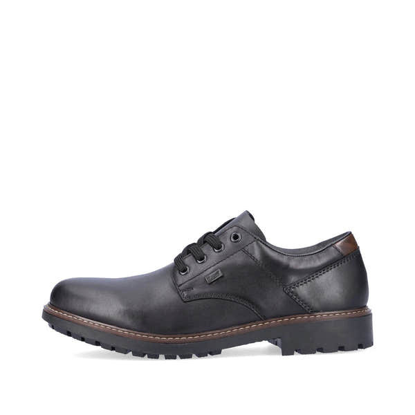 Rieker F4611-00 men's black leather water resistant lace up shoes, inner side view.