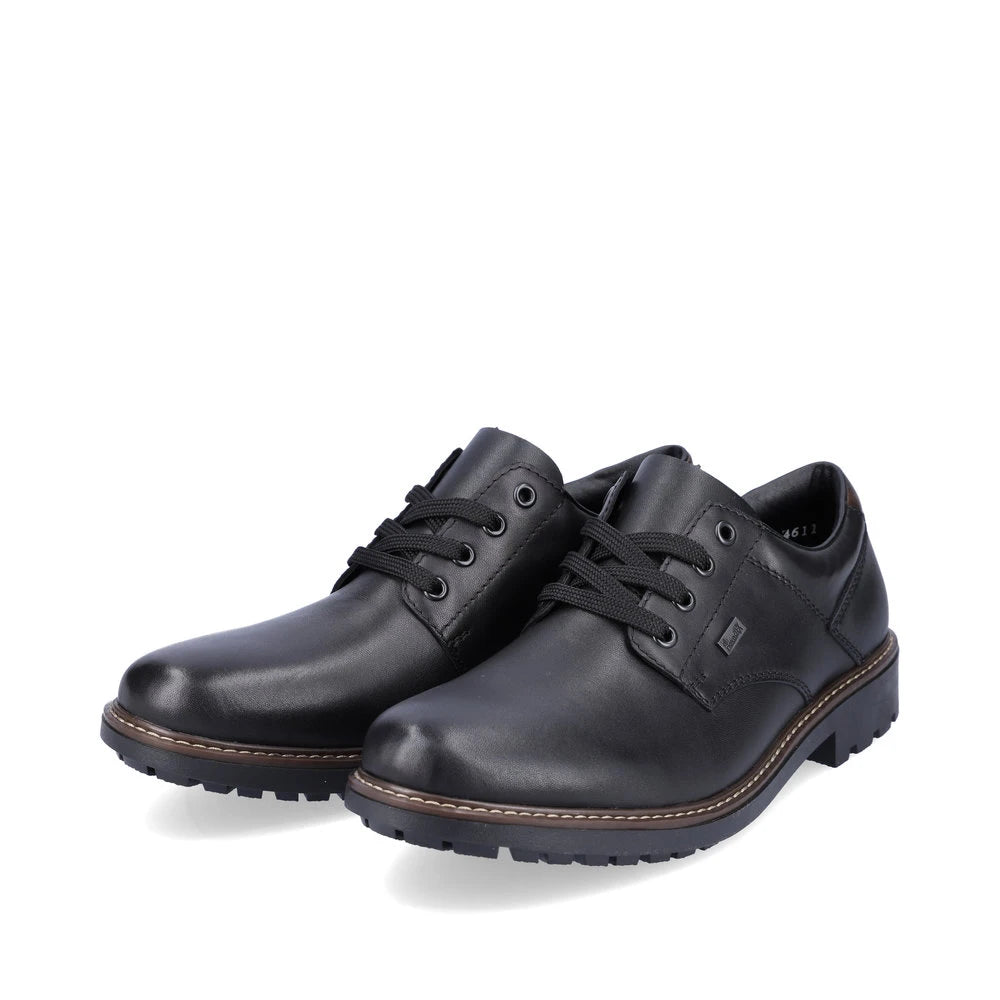 Rieker F4611-00 men's black leather water resistant lace up shoes, paired three-quarter view.