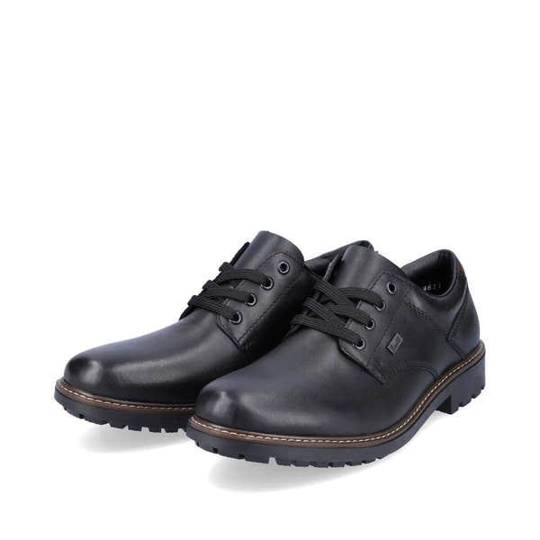 Rieker F4611-00 men's black leather water resistant lace up shoes, paired three-quarter view.