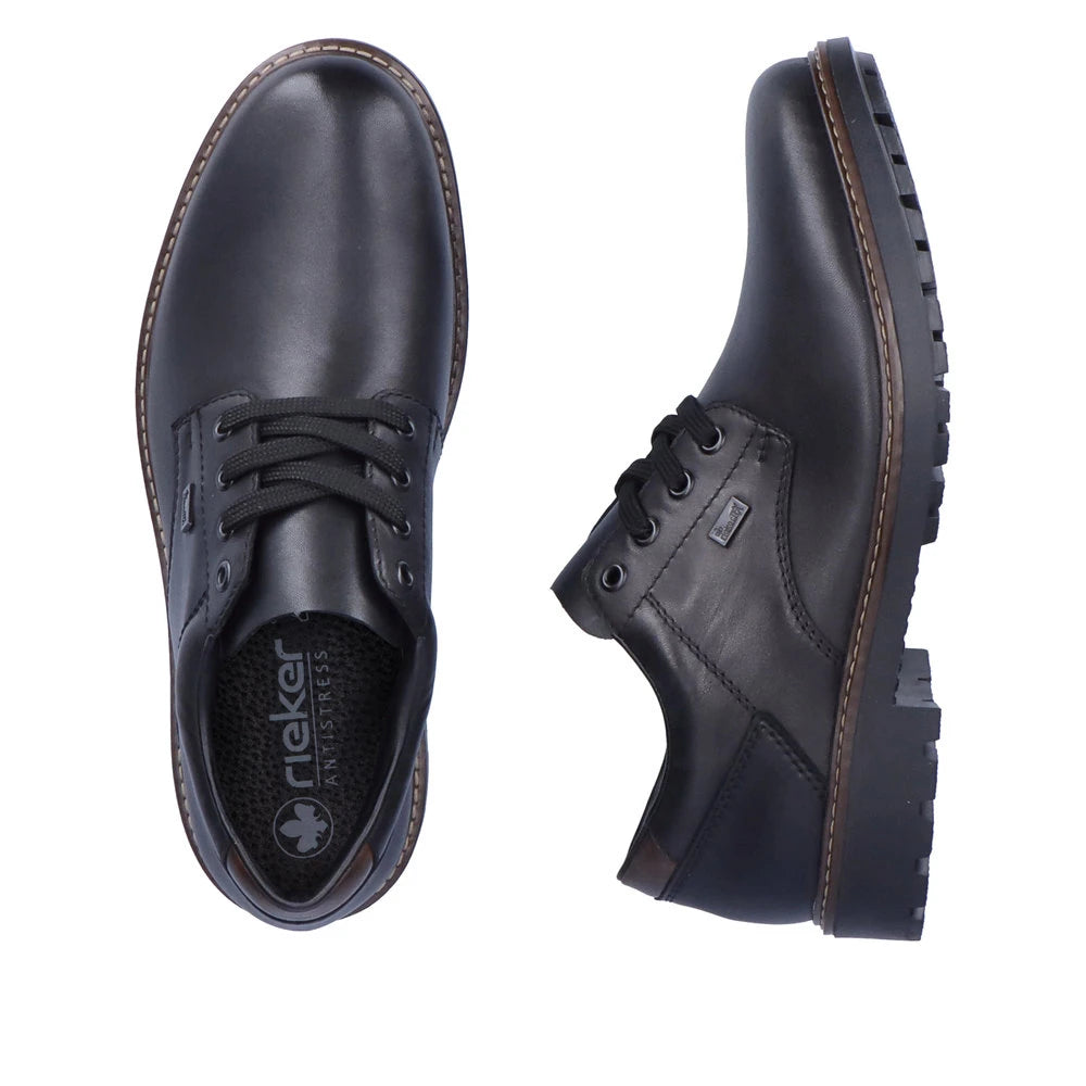 Rieker F4611-00 men's black leather water resistant lace up shoes, two-angle product view.