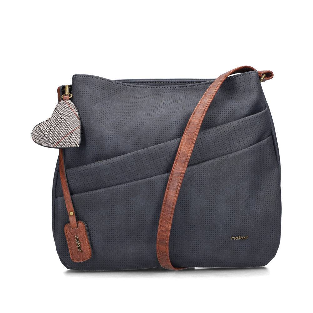 Rieker H1005-14 women's navy handbag with cross over tan strap, front three-quarter view.