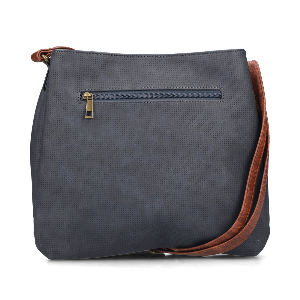 Rieker H1005-14 women's navy handbag with cross over tan strap, outer side view.