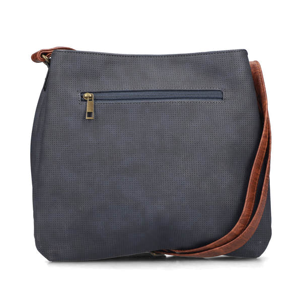 Rieker H1005-14 women's navy handbag with cross over tan strap, outer side view.