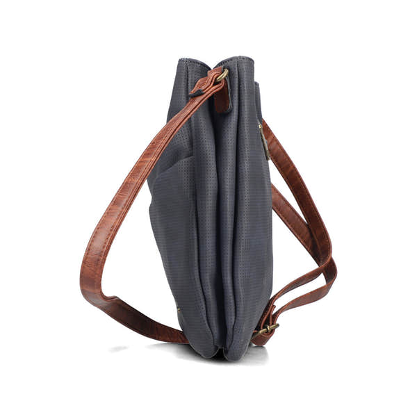 Rieker H1005-14 women's navy handbag with cross over tan strap, rear three-quarter view.