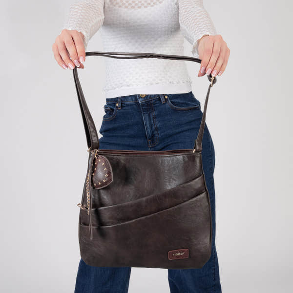Rieker H1005-25 Brown Zip Cross Body Bag, front view.