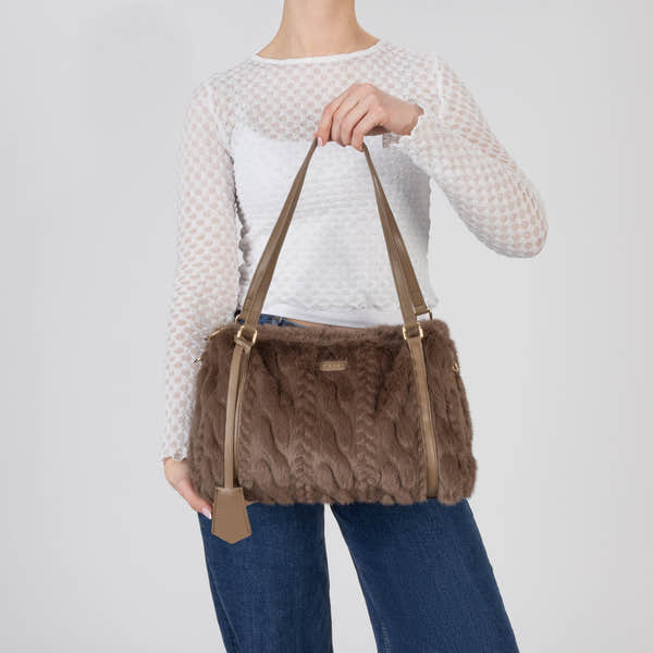 Rieker H1038-64 Brown Faux Fur Shoulder Bag, front view.