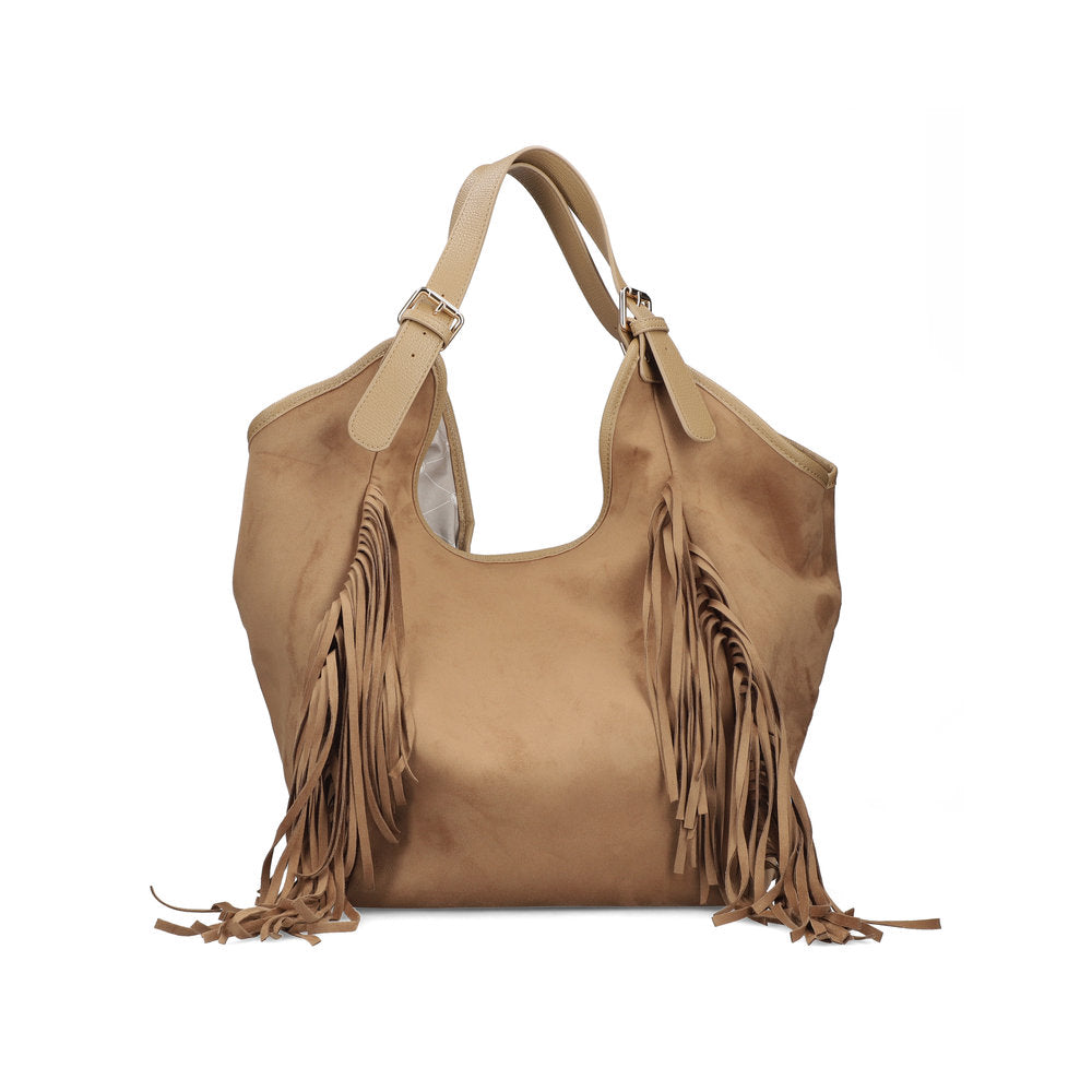 Rieker H1041-20 Beige Fringe Shopper Bag, front three-quarter view.