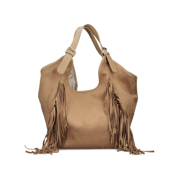 Rieker H1041-20 Beige Fringe Shopper Bag, front three-quarter view.