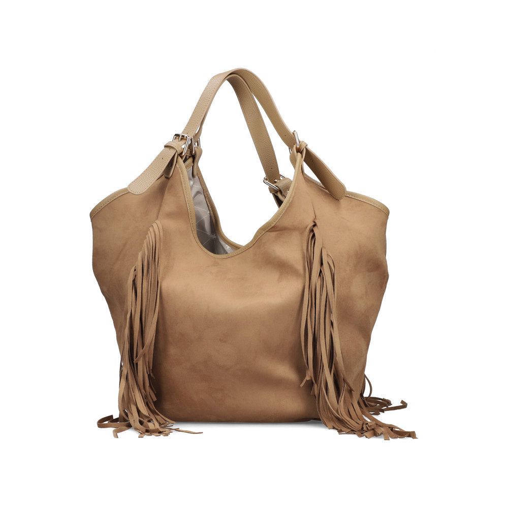 Rieker H1041-20 Beige Fringe Shopper Bag, outer side view.