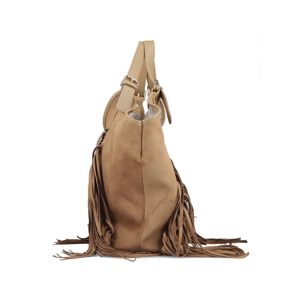 Rieker H1041-20 Beige Fringe Shopper Bag, rear three-quarter view.
