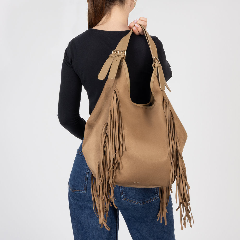 Rieker H1041-20 Beige Fringe Shopper Bag, front view.