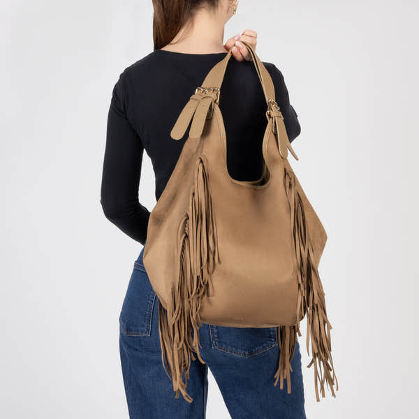 Rieker H1041-20 Beige Fringe Shopper Bag, front view.