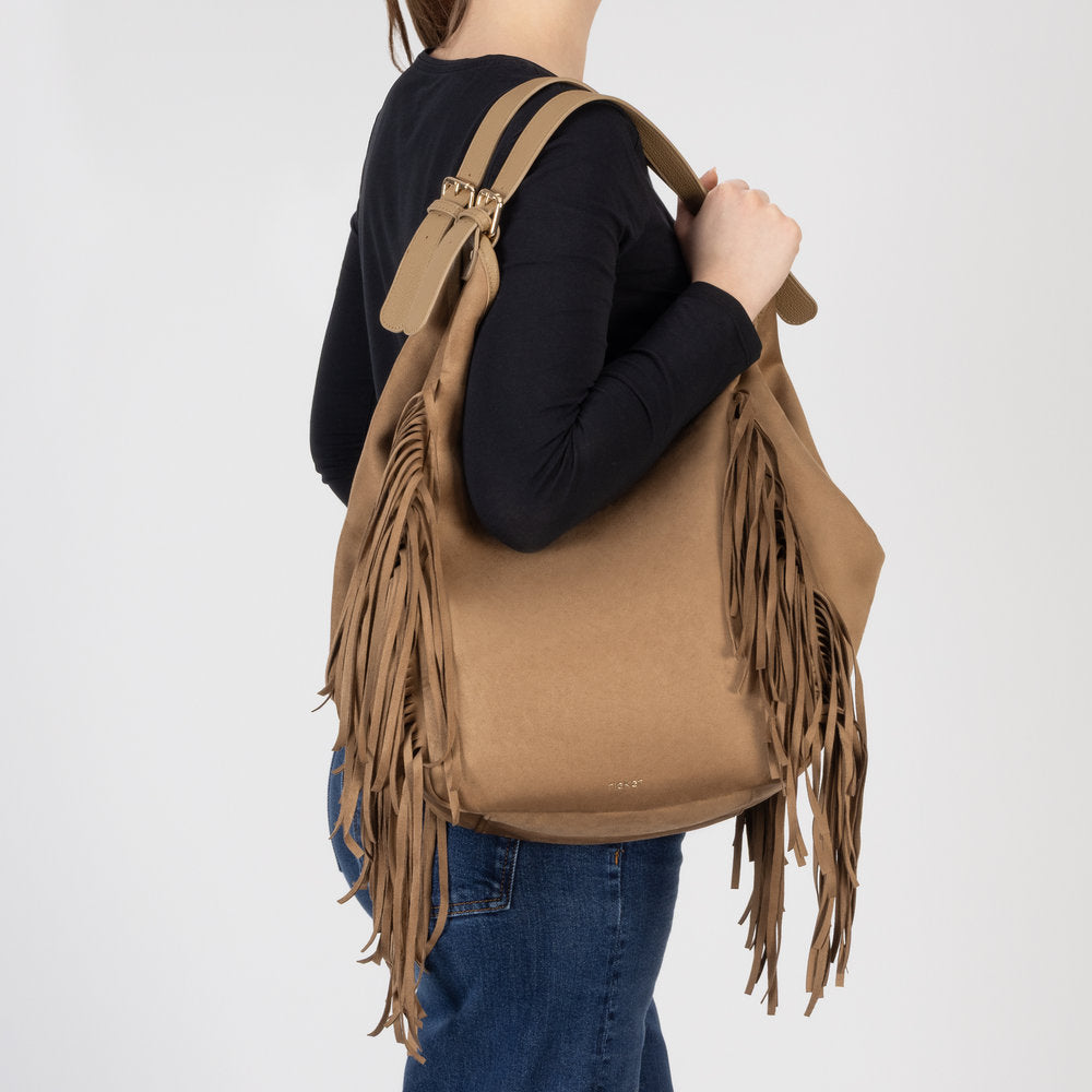 Rieker H1041-20 Beige Fringe Shopper Bag, lifestyle view 1 of 4.