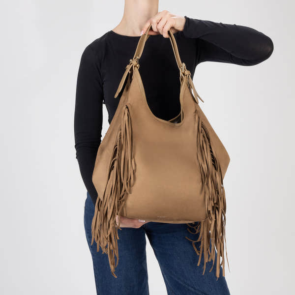 Rieker H1041-20 Beige Fringe Shopper Bag, lifestyle view 4 of 4.