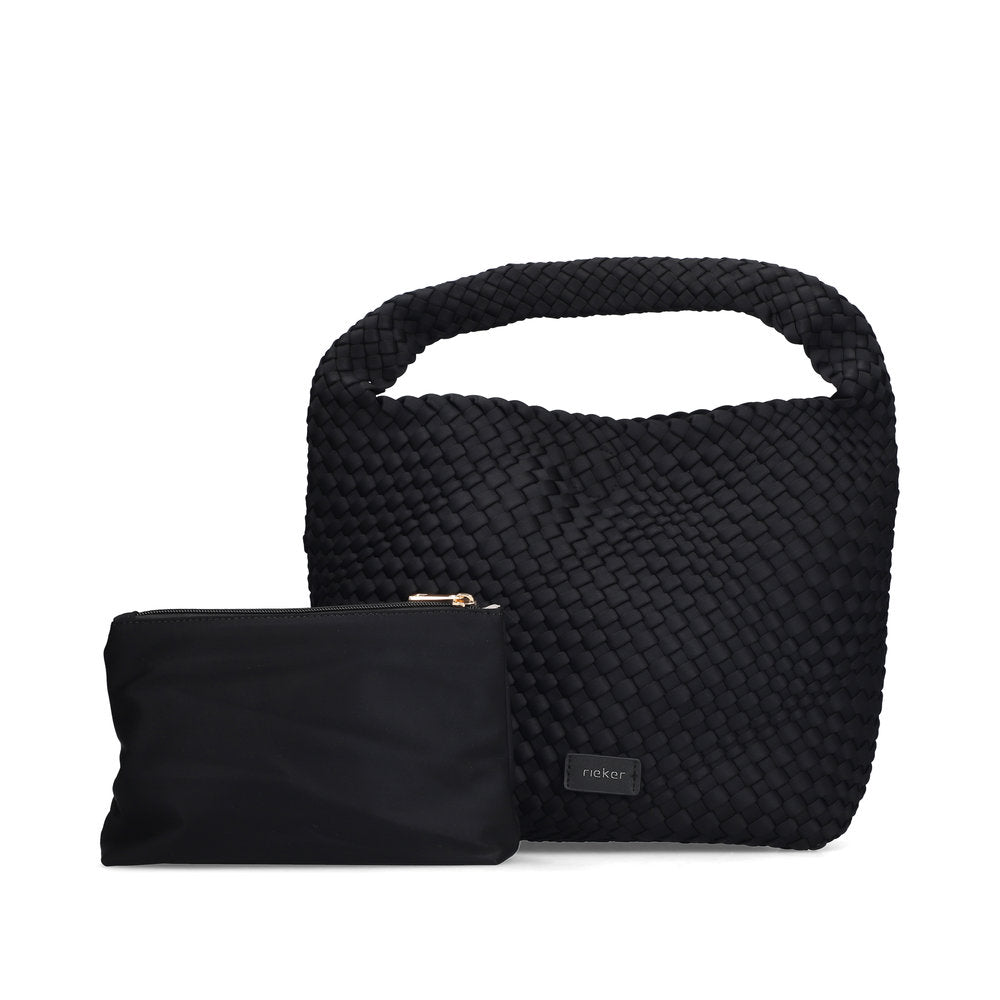 Rieker H1044-00 Black Woven Handbag with Matching Pouch, front three-quarter view.