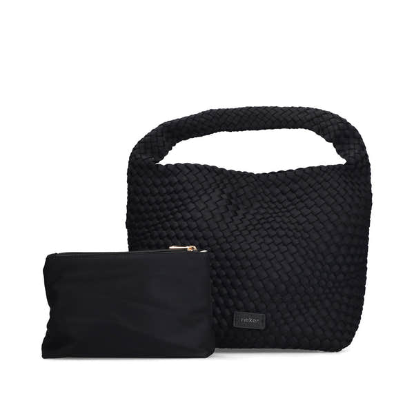 Rieker H1044-00 Black Woven Handbag with Matching Pouch, front three-quarter view.
