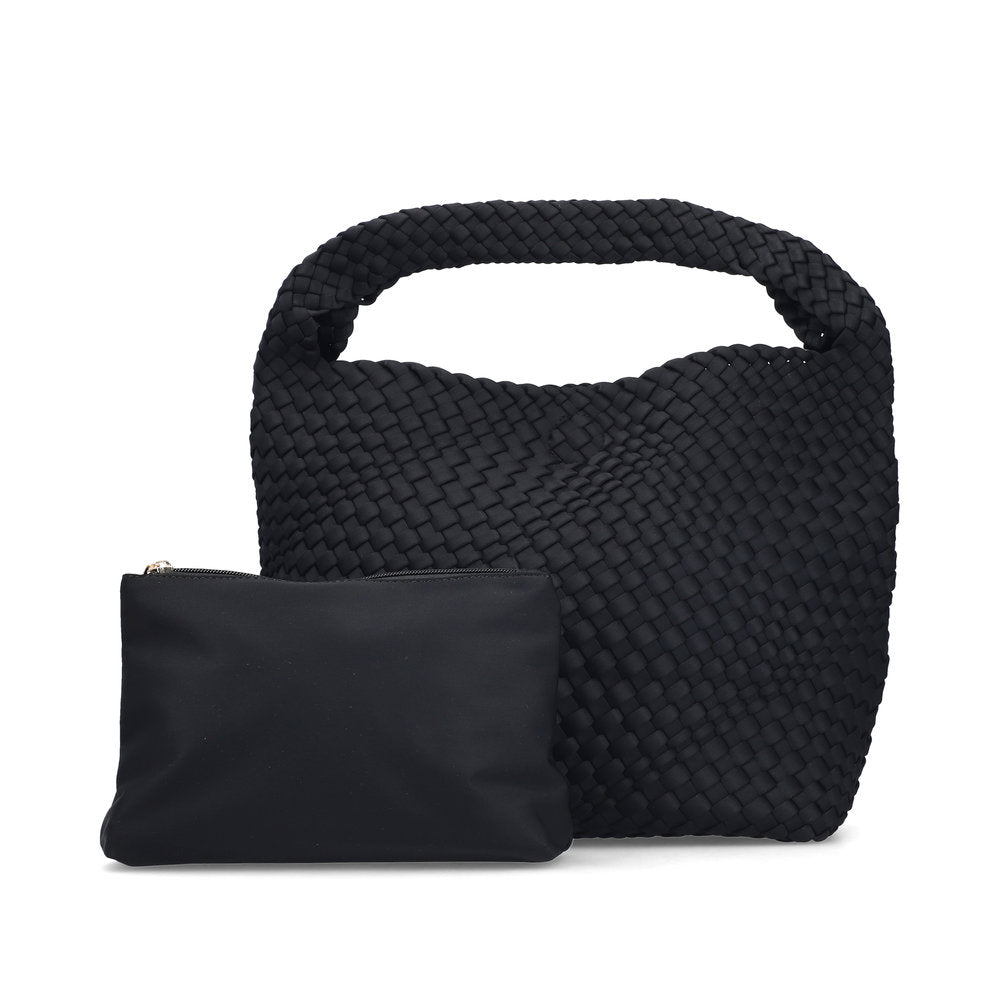 Rieker H1044-00 Black Woven Handbag with Matching Pouch, outer side view.