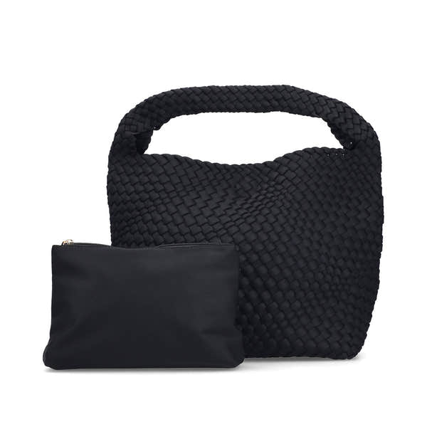 Rieker H1044-00 Black Woven Handbag with Matching Pouch, outer side view.
