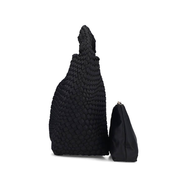 Rieker H1044-00 Black Woven Handbag with Matching Pouch, rear three-quarter view.