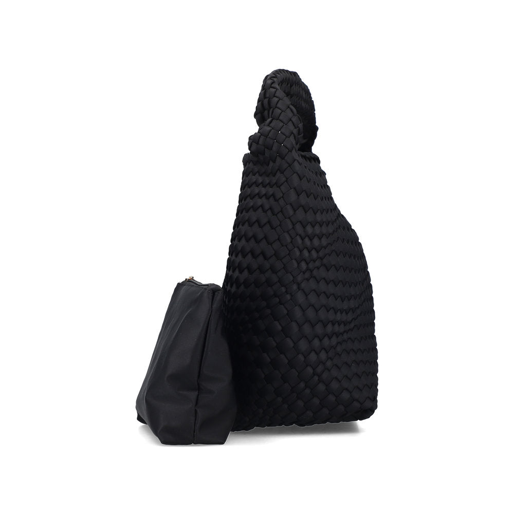 Rieker H1044-00 Black Woven Handbag with Matching Pouch, top view.