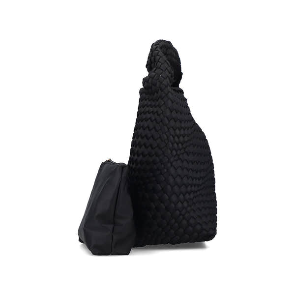 Rieker H1044-00 Black Woven Handbag with Matching Pouch, top view.