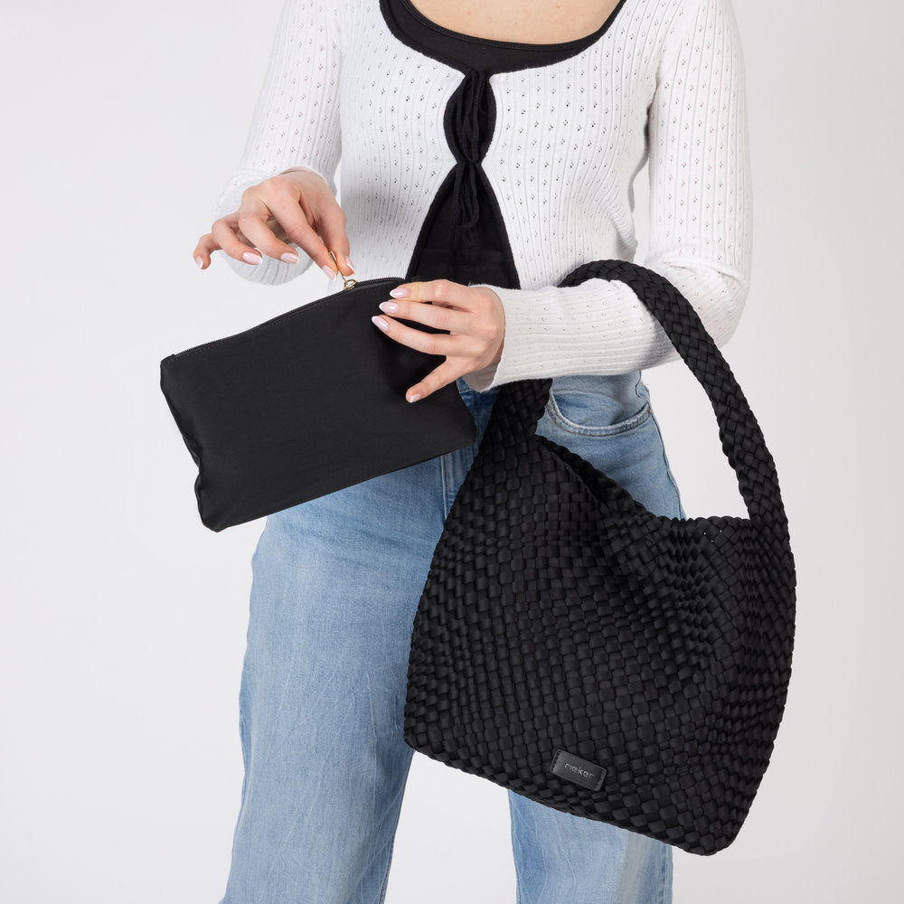 Rieker H1044-00 Black Woven Handbag with Matching Pouch, front view.