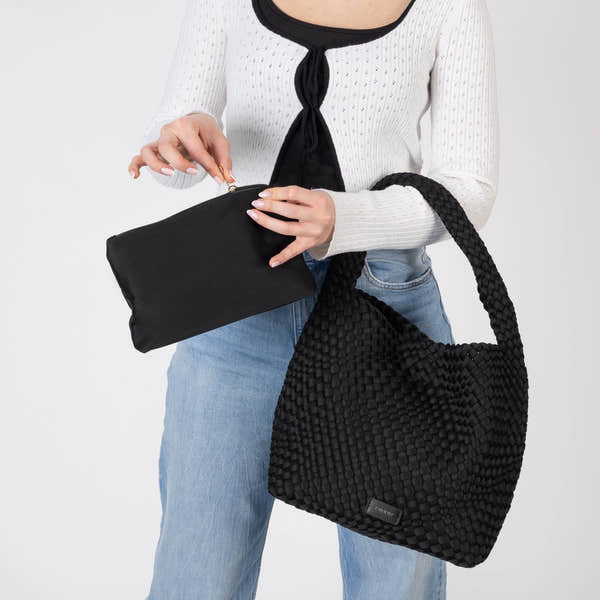 Rieker H1044-00 Black Woven Handbag with Matching Pouch, front view.