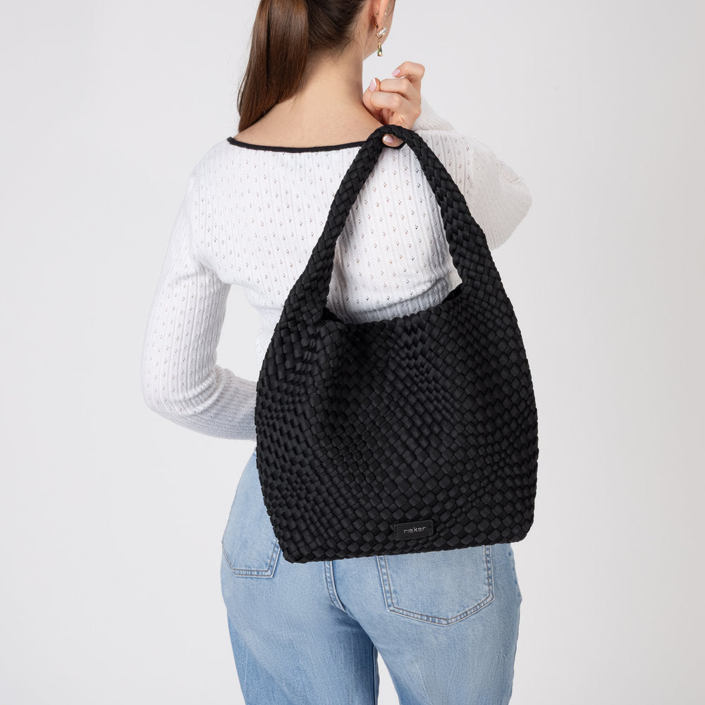 Rieker H1044-00 Black Woven Handbag with Matching Pouch, lifestyle view 6 of 14.