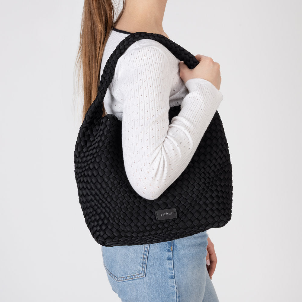 Rieker H1044-00 Black Woven Handbag with Matching Pouch, lifestyle view 8 of 14.