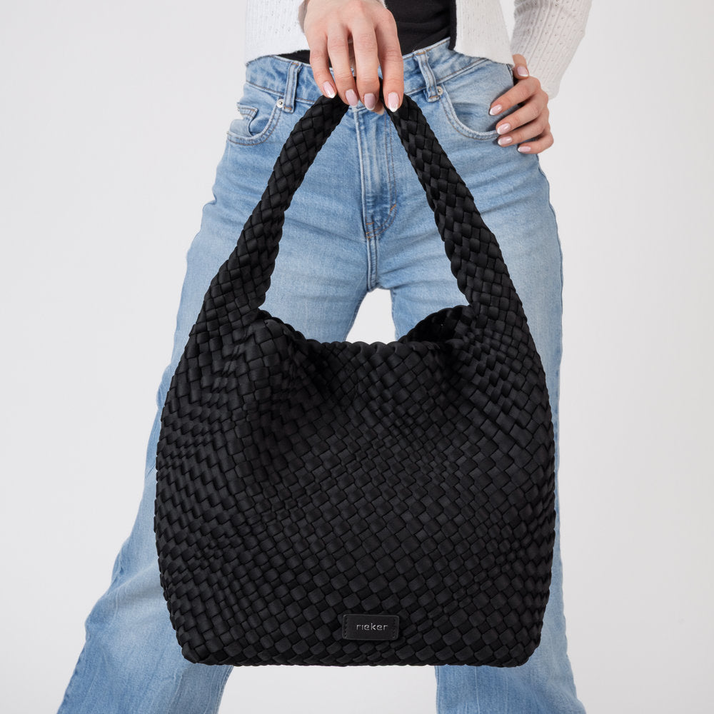 Rieker H1044-00 Black Woven Handbag with Matching Pouch, lifestyle view 9 of 14.