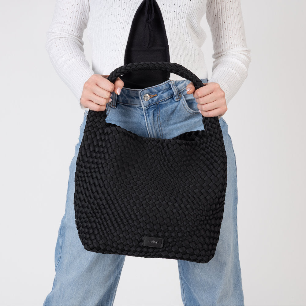 Rieker H1044-00 Black Woven Handbag with Matching Pouch, lifestyle view 11 of 14.