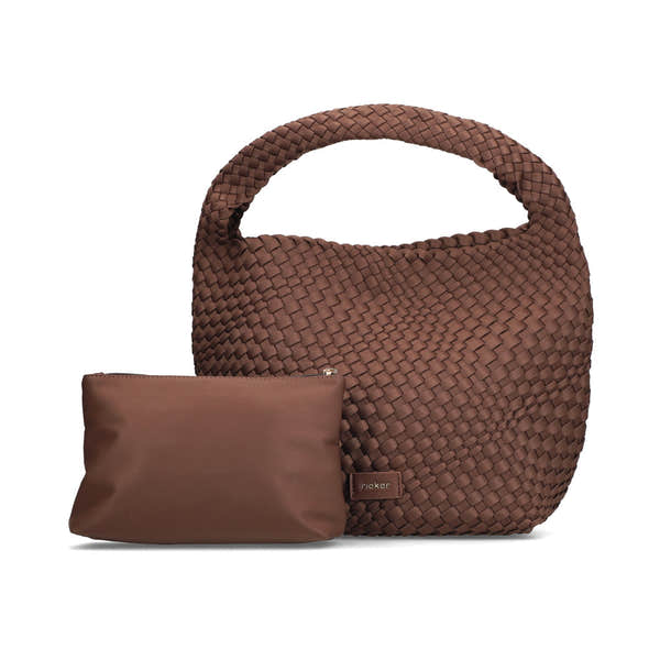 Rieker H1044-25 Brown Woven Handbag with Matching Pouch, front three-quarter view.