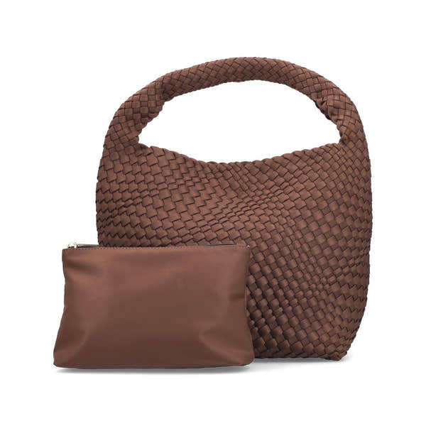 Rieker H1044-25 Brown Woven Handbag with Matching Pouch, outer side view.