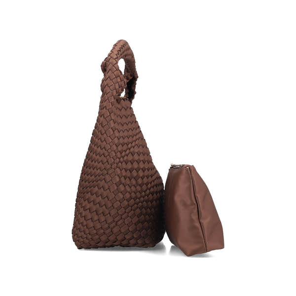 Rieker H1044-25 Brown Woven Handbag with Matching Pouch, rear three-quarter view.