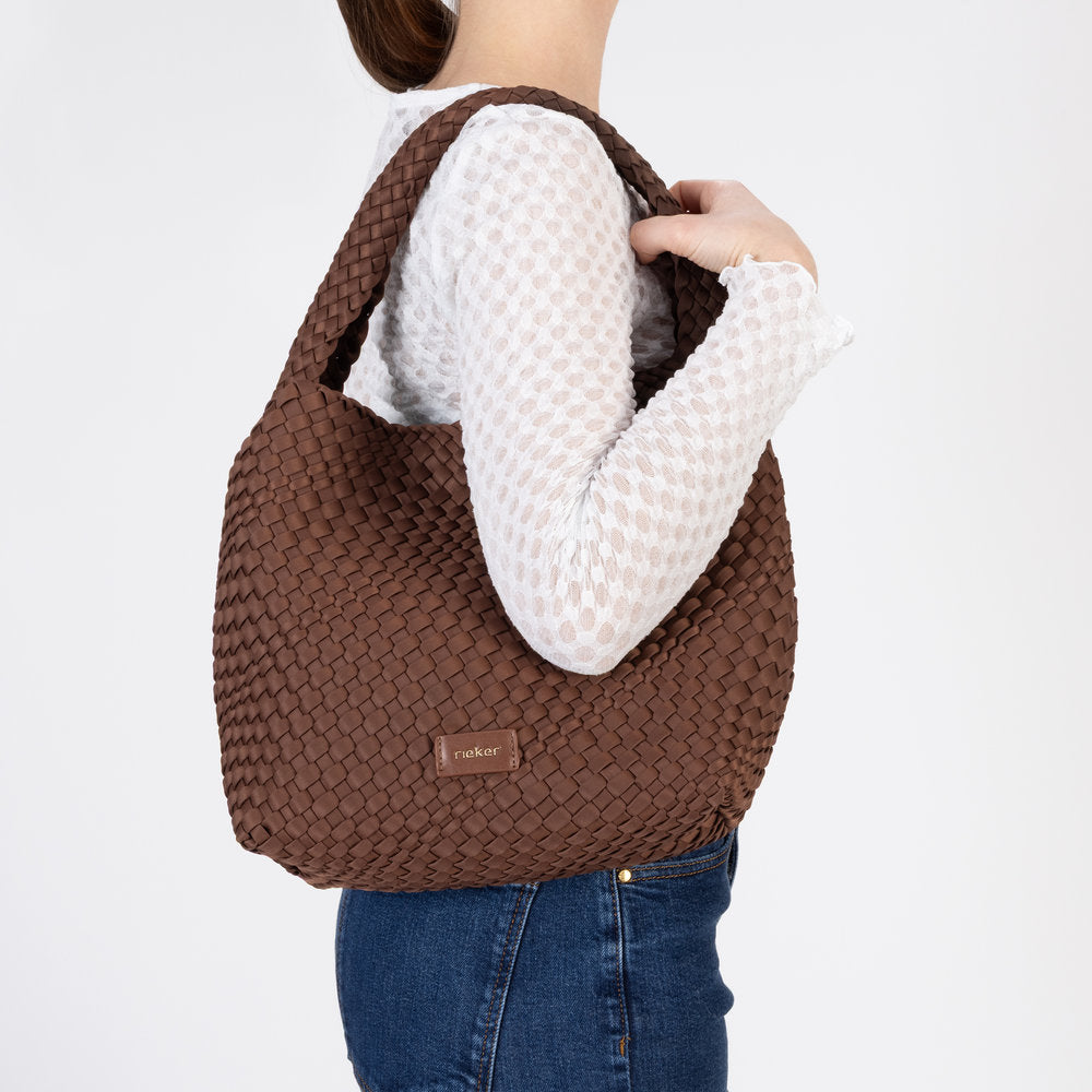 Rieker H1044-25 Brown Woven Handbag with Matching Pouch, front view.