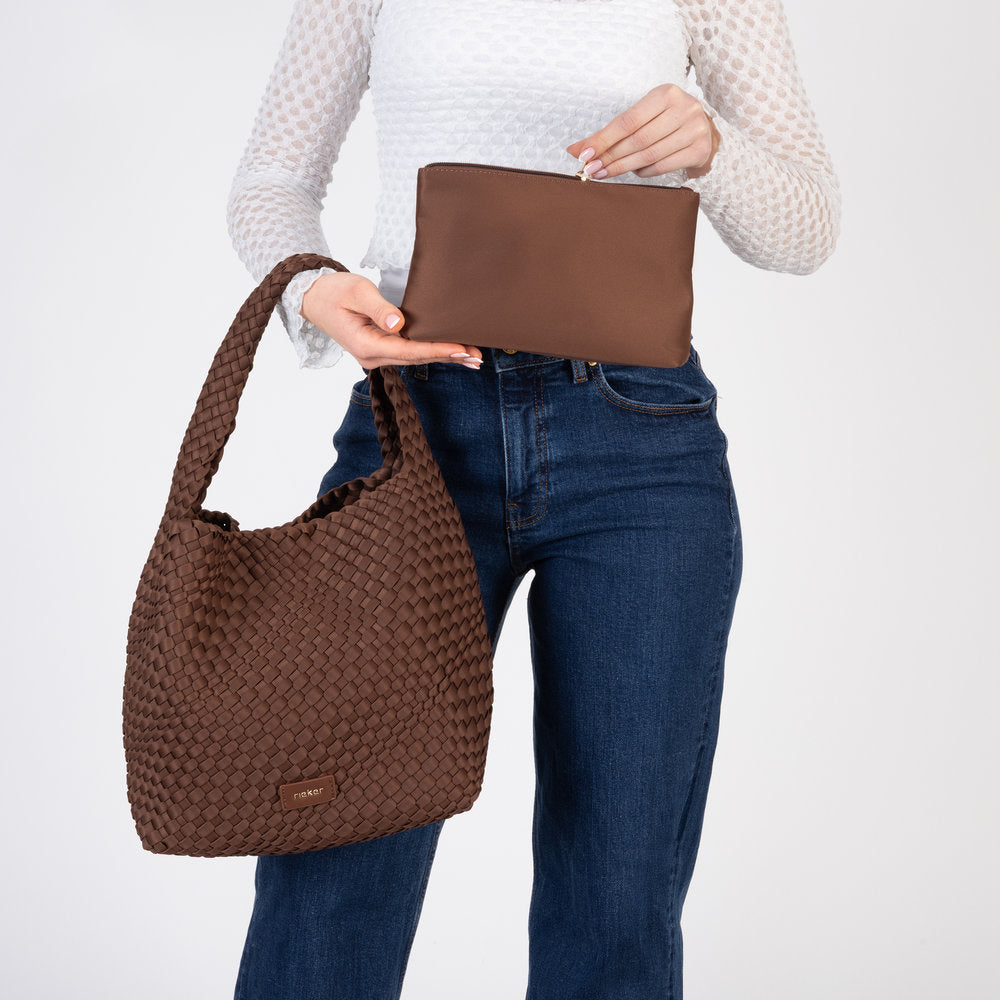 Rieker H1044-25 Brown Woven Handbag with Matching Pouch, lifestyle view 7 of 8.