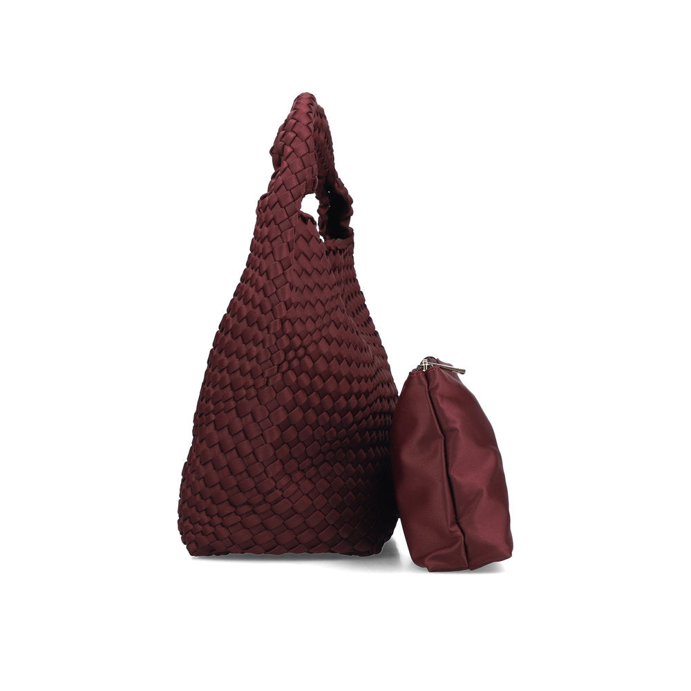 Rieker H1044-35 Burgundy Woven Handbag with Matching Pouch, rear three-quarter view.
