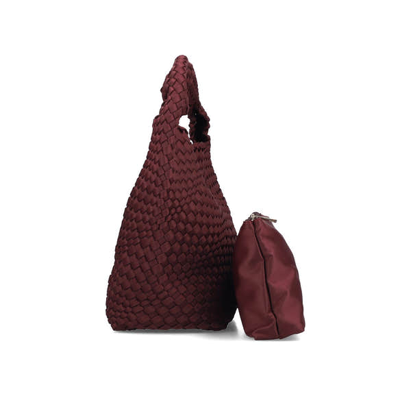 Rieker H1044-35 Burgundy Woven Handbag with Matching Pouch, rear three-quarter view.
