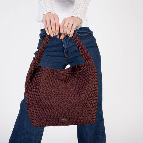 Rieker H1044-35 Burgundy Woven Handbag with Matching Pouch, lifestyle view 4 of 6.