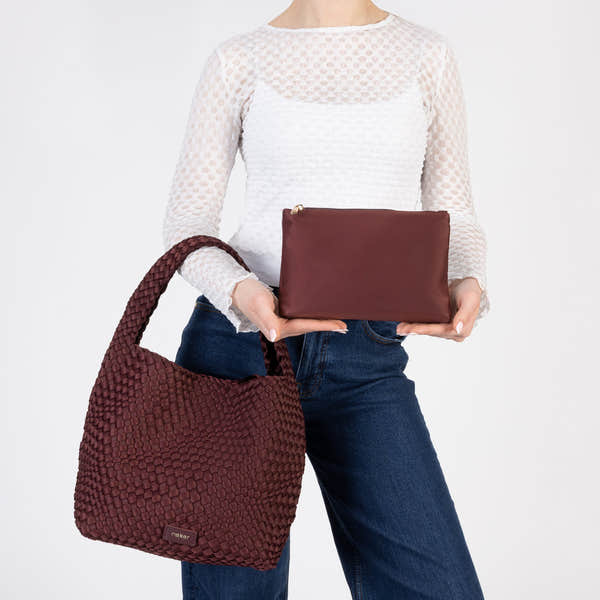 Rieker H1044-35 Burgundy Woven Handbag with Matching Pouch, lifestyle view 5 of 6.